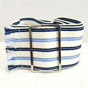 Express Blue & White Striped Fabric Fringe Belt w Silver Rectangle Buckle